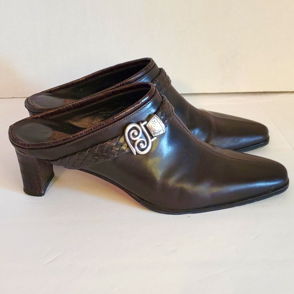 Brighton Brown Leather Pointed-Toe Mule Heels with Silver Emblem